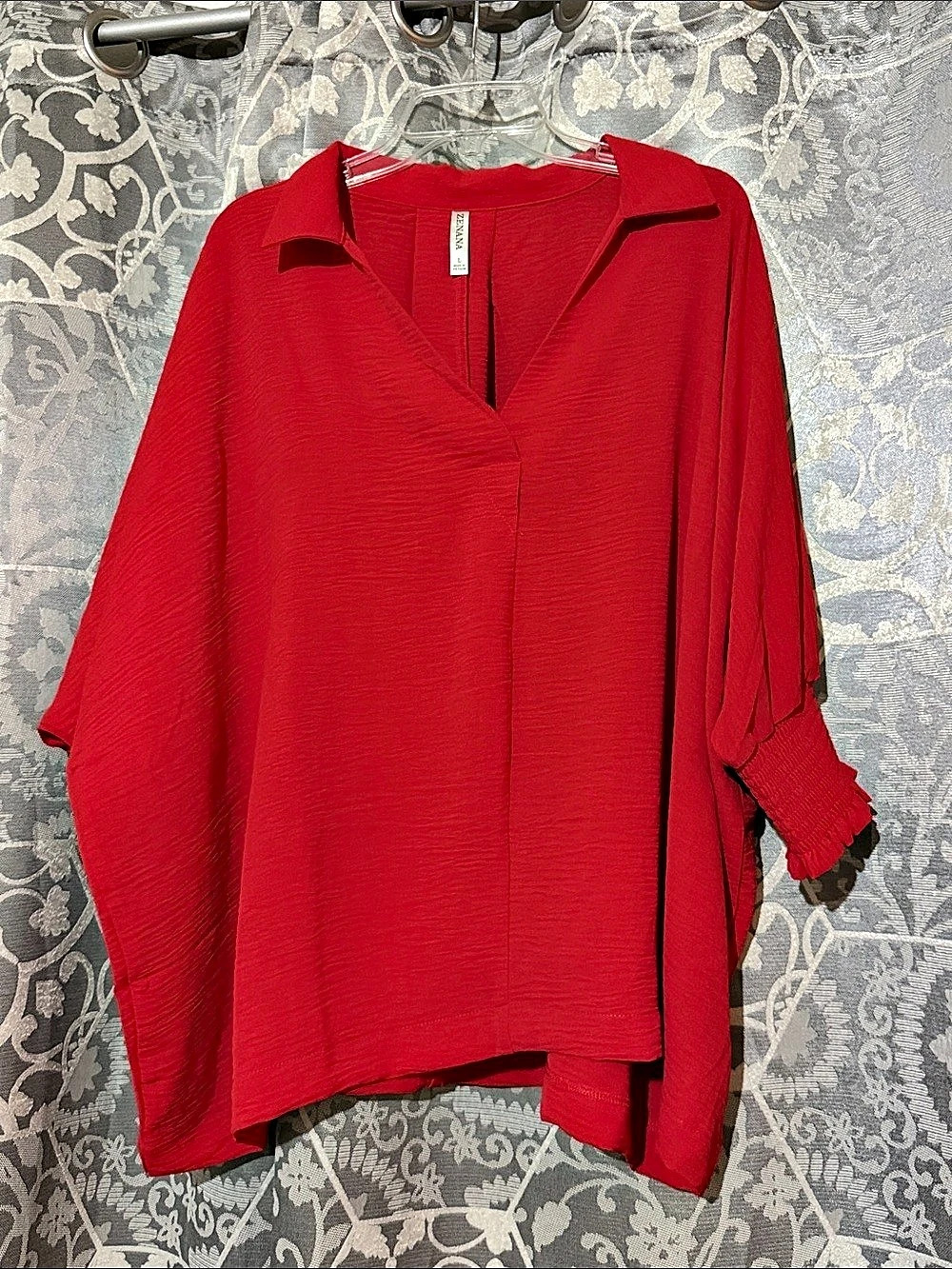 Zenana Smocked Sleeve Airflow Top Red Large New